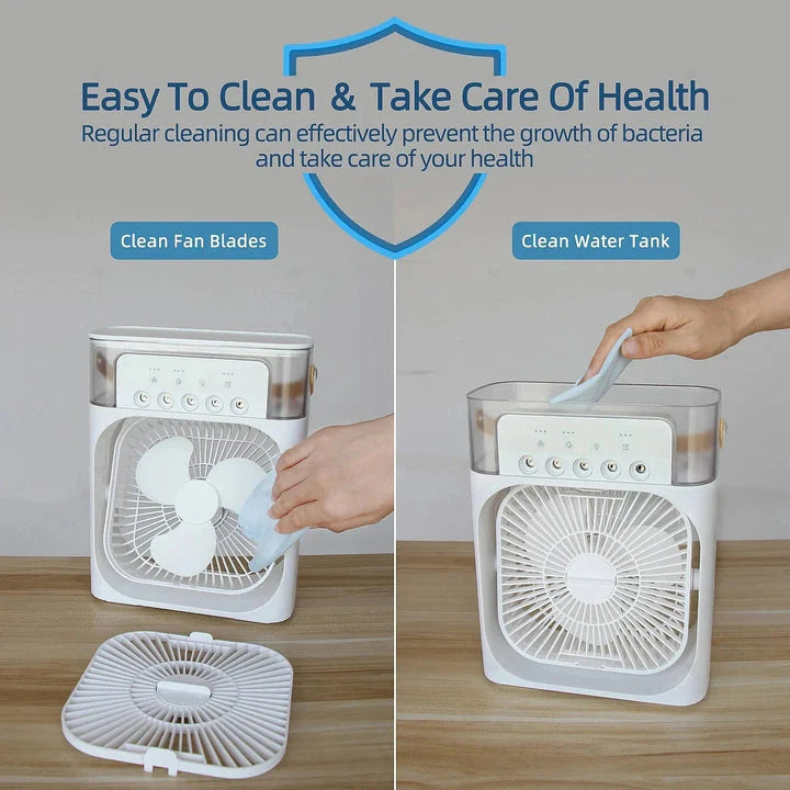 Mini Air Cooler Fan | 4-in-1 Mini USB Fan with Ice Box, Humidifier & 7-Color LED Lights | Desktop Cooling Fan for Home Office
