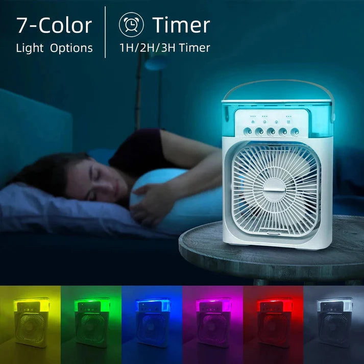 Mini Air Cooler Fan | 4-in-1 Mini USB Fan with Ice Box, Humidifier & 7-Color LED Lights | Desktop Cooling Fan for Home Office