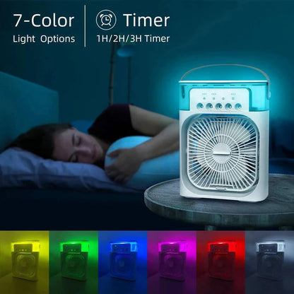Mini Air Cooler Fan | 4-in-1 Mini USB Fan with Ice Box, Humidifier & 7-Color LED Lights | Desktop Cooling Fan for Home Office