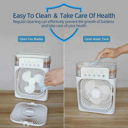 Mini Air Cooler Fan | 4-in-1 Mini USB Fan with Ice Box, Humidifier & 7-Color LED Lights | Desktop Cooling Fan for Home Office