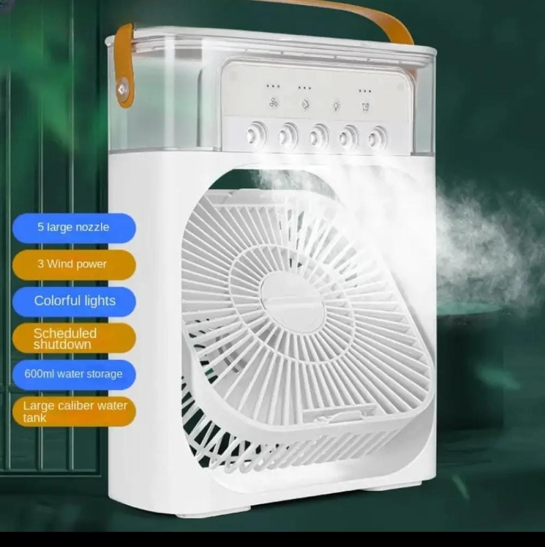 Mini Air Cooler Fan | 4-in-1 Mini USB Fan with Ice Box, Humidifier & 7-Color LED Lights | Desktop Cooling Fan for Home Office