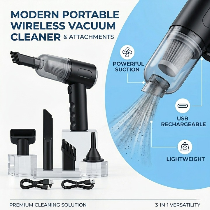 3-in-1 Wireless Vacuum Cleaner – Powerful Suction, Air Blower & Pump for Car, Home & Laptop Cleaning