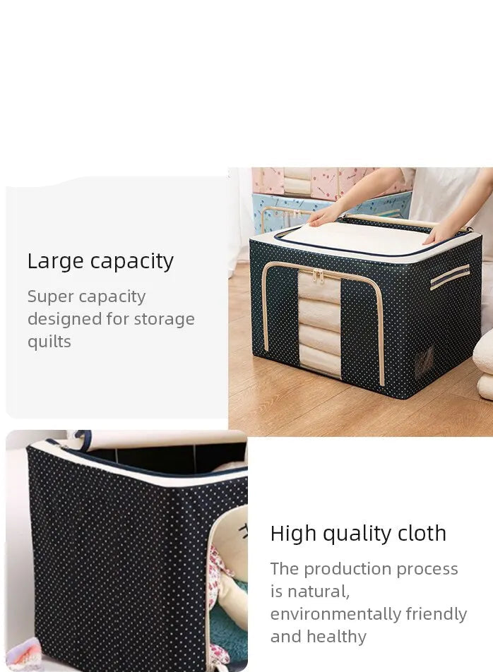 Storage bin for quilts with text highlighting large capacity and high-quality cloth.