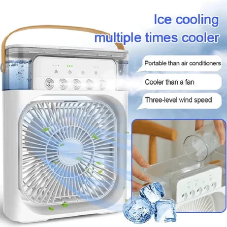 Mini Air Cooler Fan | 4-in-1 Mini USB Fan with Ice Box, Humidifier & 7-Color LED Lights | Desktop Cooling Fan for Home Office