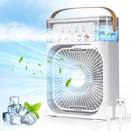 Mini Air Cooler Fan | 4-in-1 Mini USB Fan with Ice Box, Humidifier & 7-Color LED Lights | Desktop Cooling Fan for Home Office