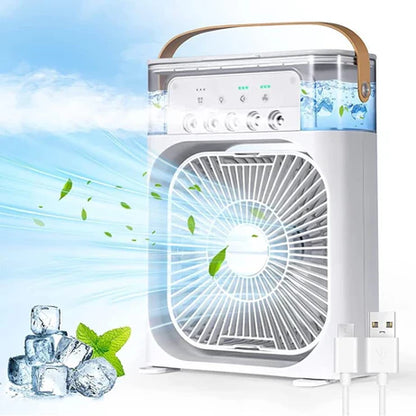Mini Air Cooler Fan | 4-in-1 Mini USB Fan with Ice Box, Humidifier & 7-Color LED Lights | Desktop Cooling Fan for Home Office